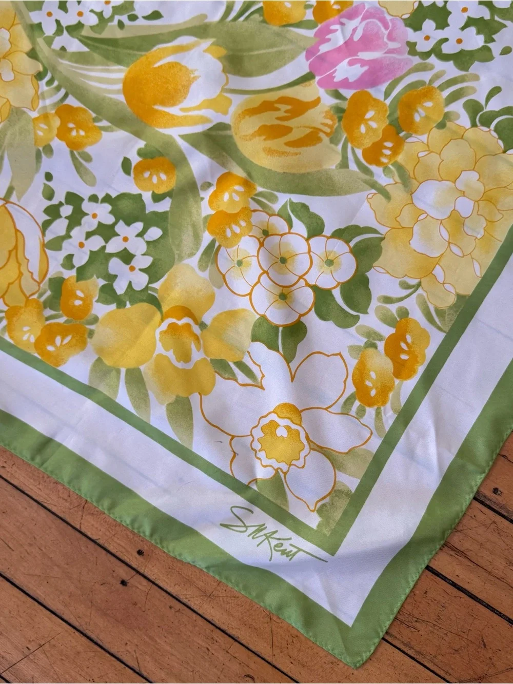 Vintage Floral Silk Scarf in Yellow, Green & Pink